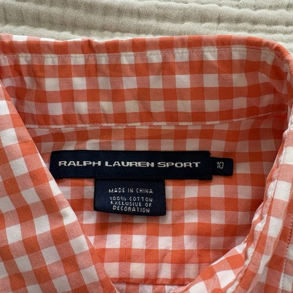 Ralph Lauren Sport Shirt Women's Sz 10 Orange Checkered Collared Button Up - Picture 2 of 9